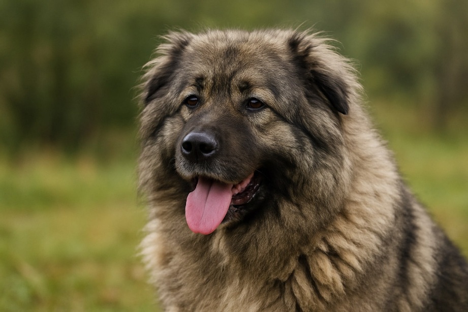 Pastore del Caucaso femmina di taglia grande con mantello folto, in posizione fiera ma dallo sguardo dolce, ideale come cane da guardia e da famiglia